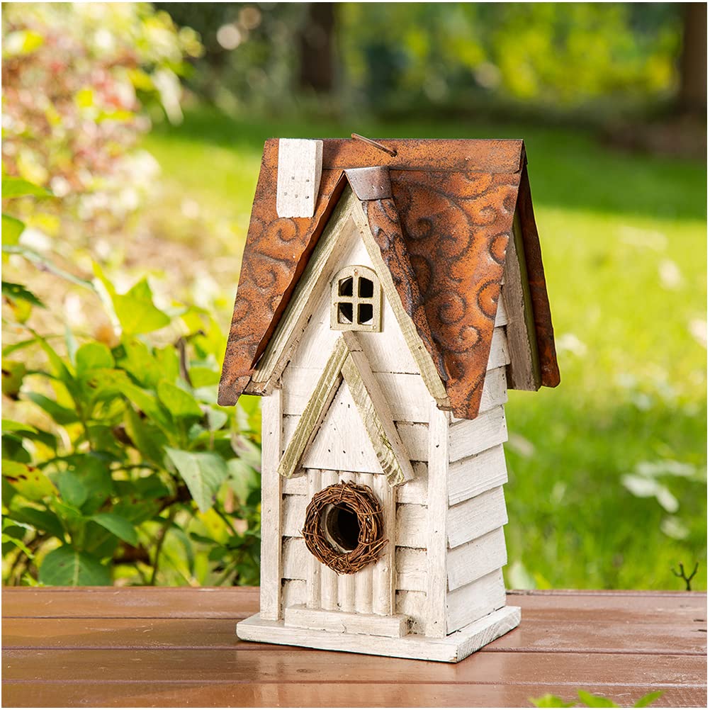 Glitzhome front view of washed white birdhouse showing cottage charm and shelter