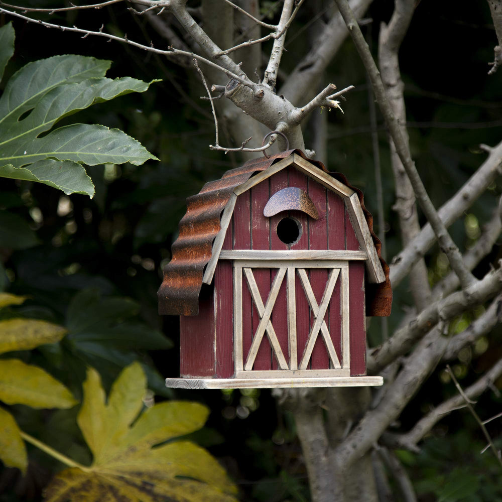 Glitzhome metal roof detail protecting birdhouse from rain