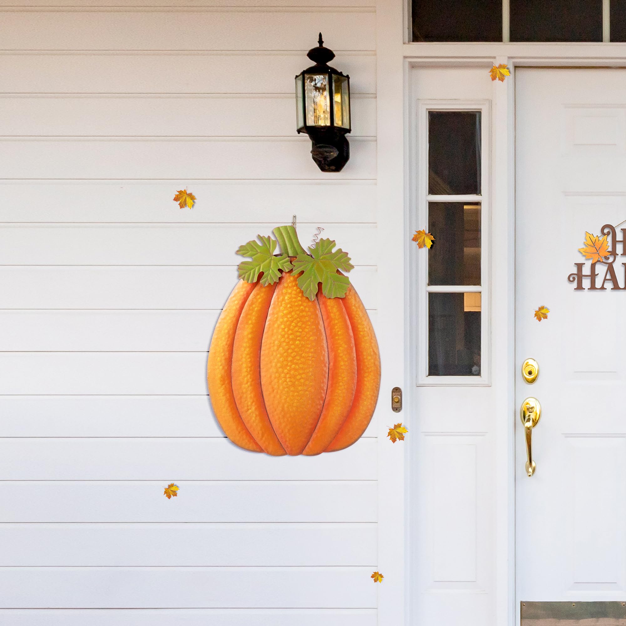 Glitzhome pumpkin green leaf detail emphasizes decorative accent