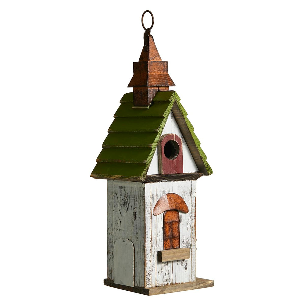 Glitzhome birdhouse next to hand to illustrate compact scale