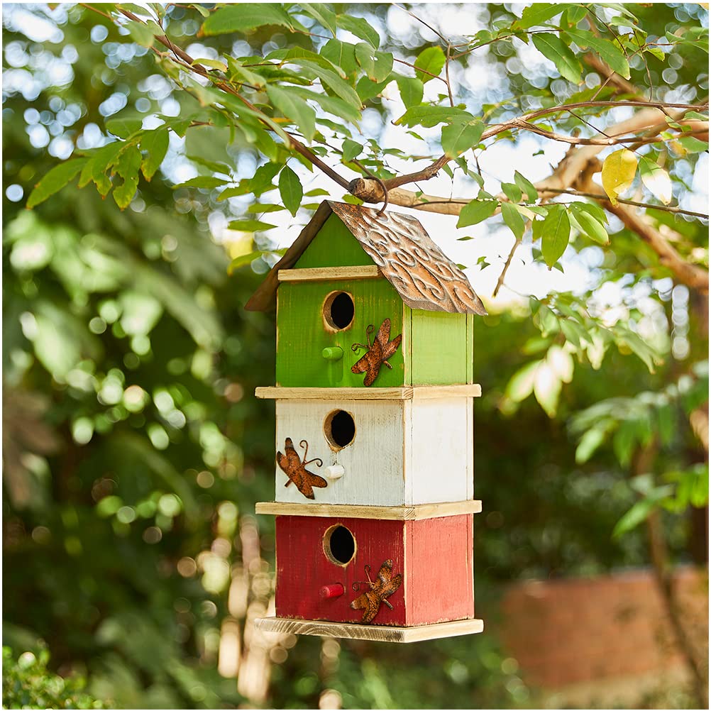Glitzhome three-tier birdhouse front view showing colorful rustic design and curb appeal
