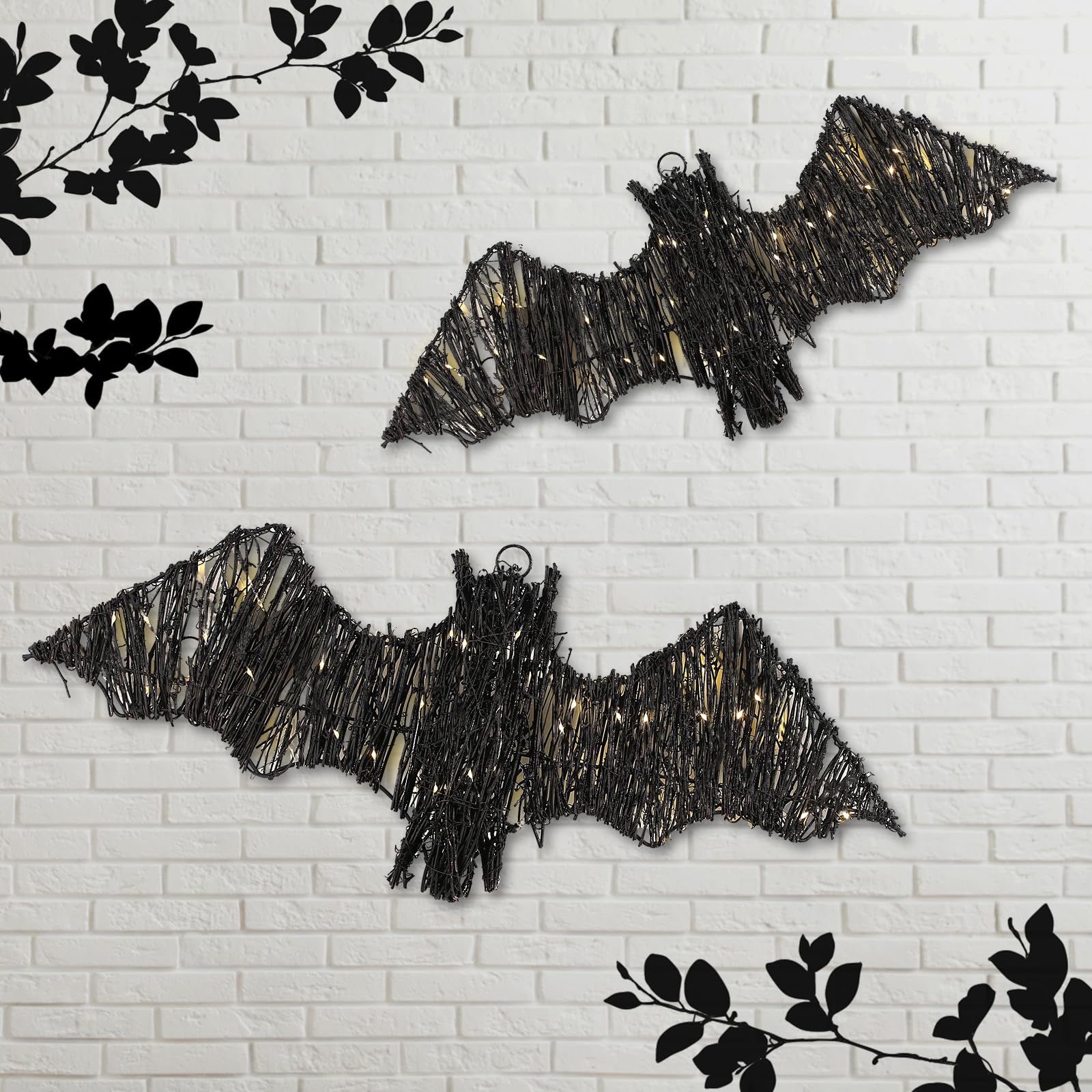 Glooglitter front view of two rattan bats showing silhouette and LED glow