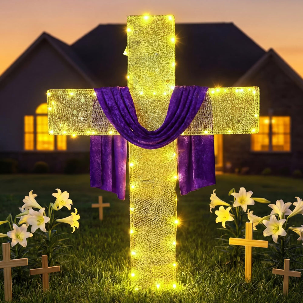Glooglitter front view of illuminated cross showing peaceful yard presence