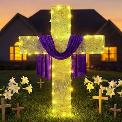 Glooglitter front view of illuminated cross showing peaceful yard presence