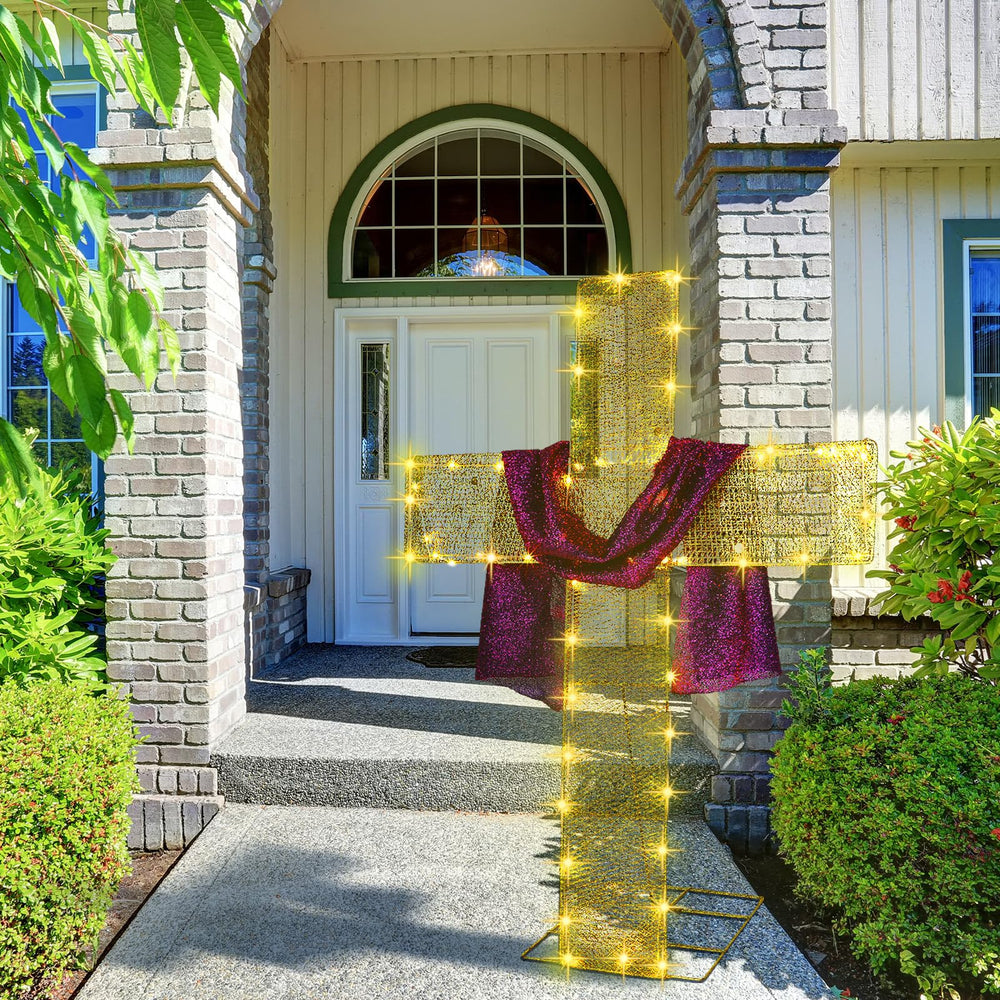 Glooglitter purple scarf draped on cross adding traditional Easter color