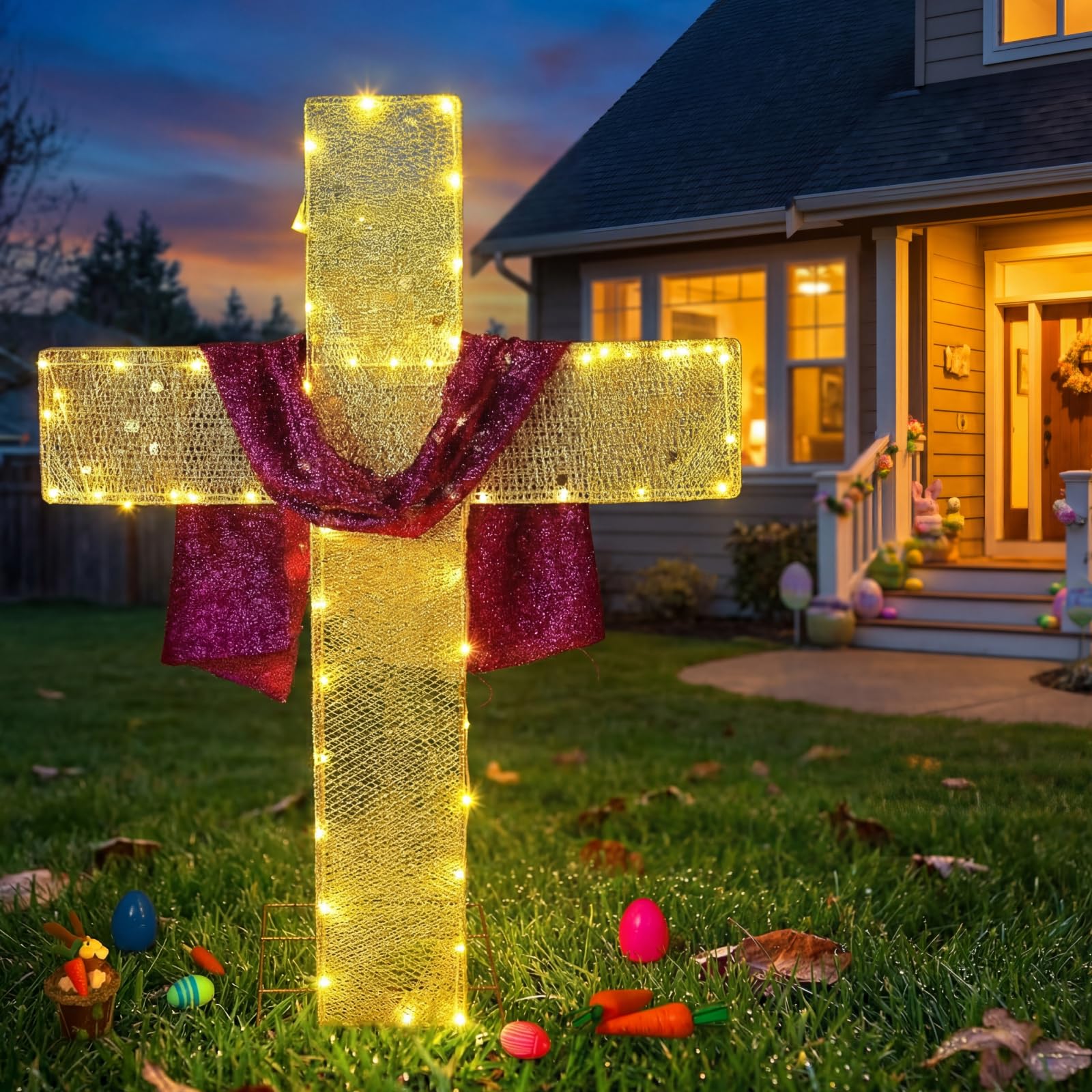 Glooglitter cross beside a chair for scale to confirm 3.94 ft size