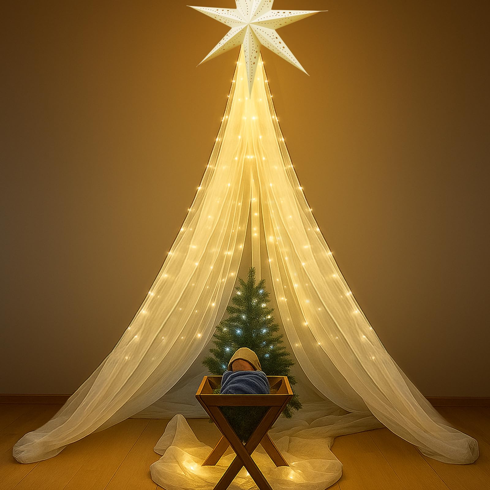 Glooglitter front display showing full nativity set and warm LEDs