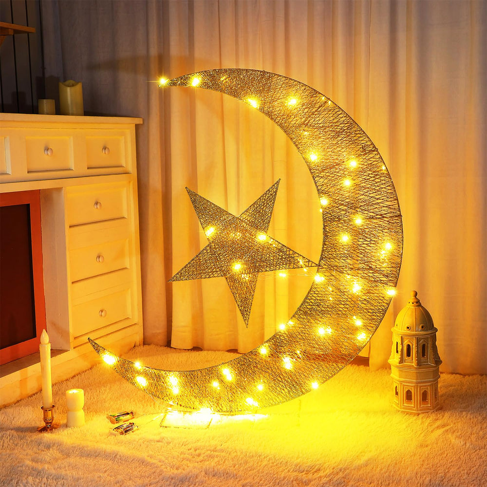 Glooglitter front view of moon and star showing festive glow and curb appeal