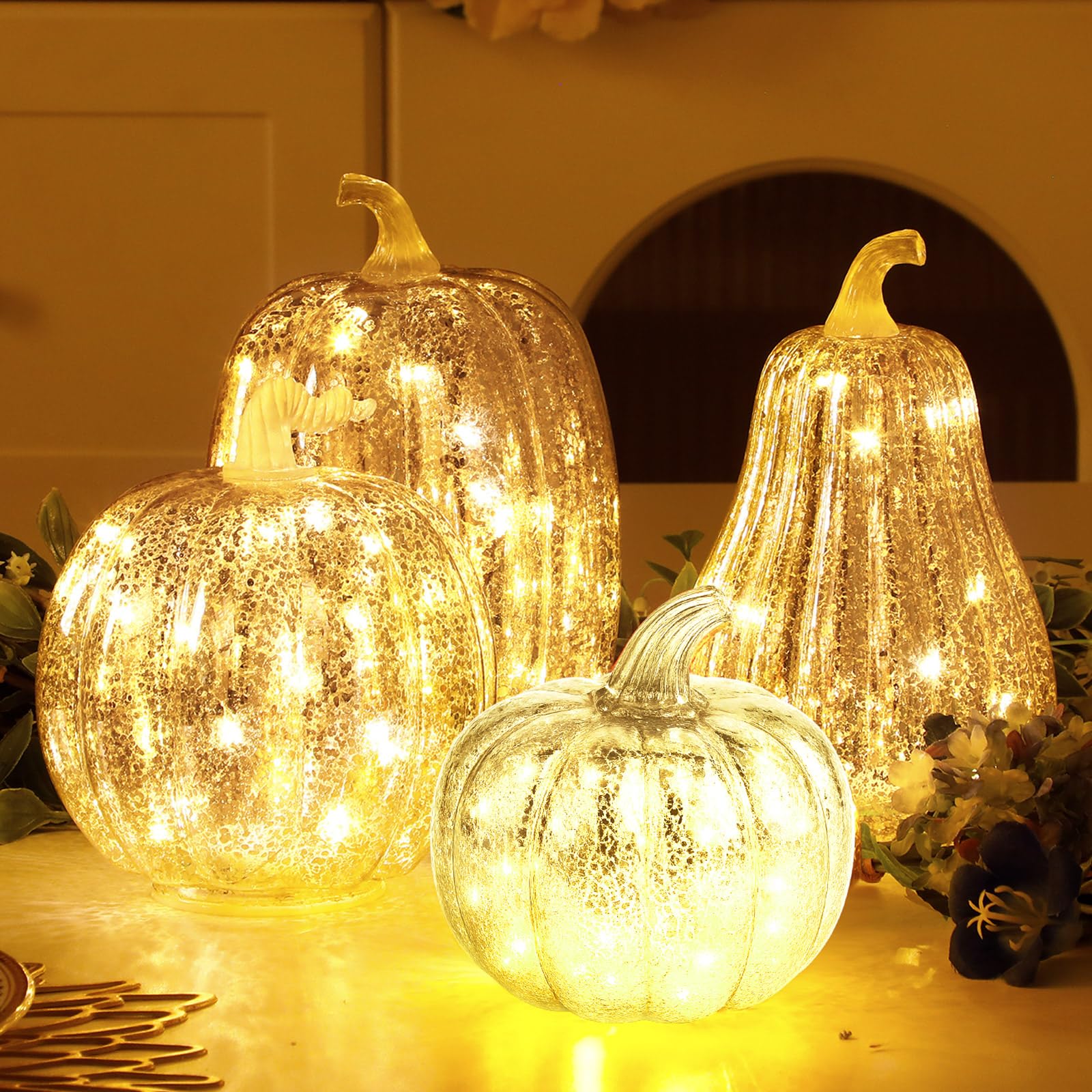 Glooglitter front view of all four silver glass pumpkins showing elegant set and styling benefit