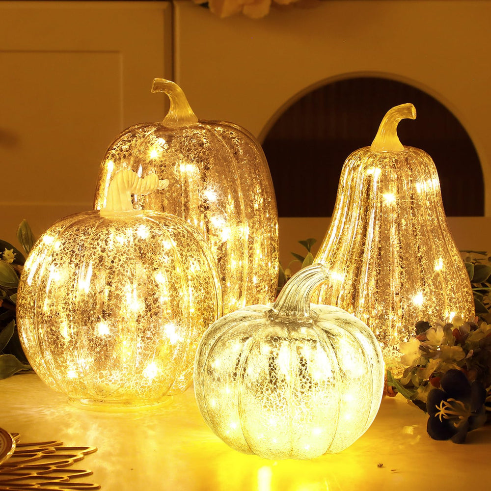 Glooglitter front view of all four silver glass pumpkins showing elegant set and styling benefit