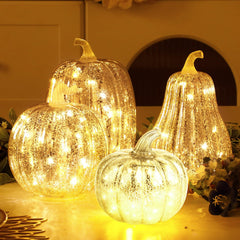 Glooglitter front view of all four silver glass pumpkins showing elegant set and styling benefit