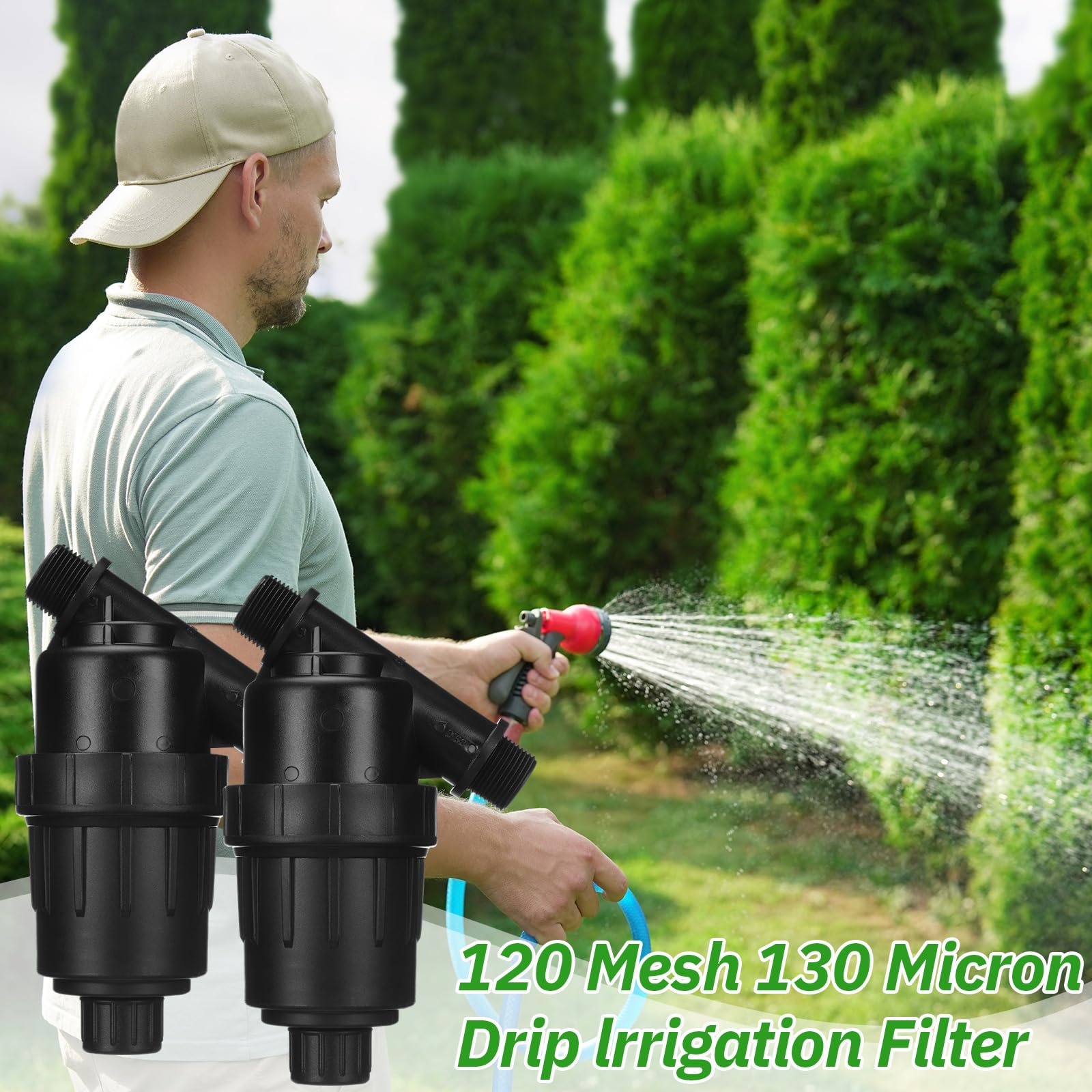 Glooglitter filters in a greenhouse setting protecting drippers and ensuring even watering
