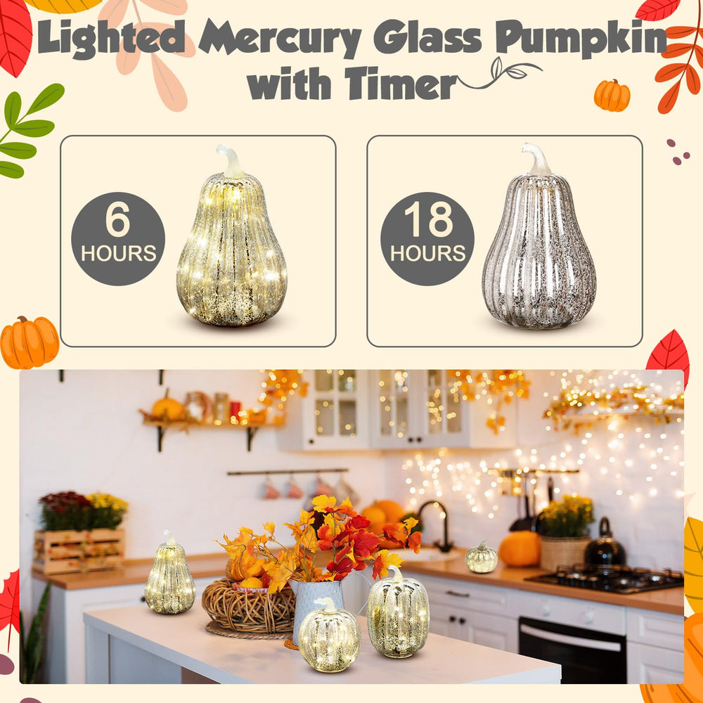 Glooglitter pumpkins arranged on a covered porch at dusk providing welcoming entryway light benefit