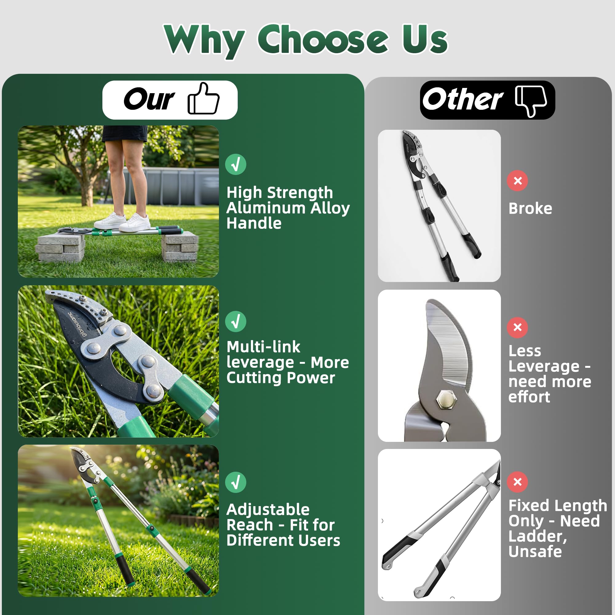 glorousamc loppers fully extended cutting a high branch showing extra reach and easier pruning