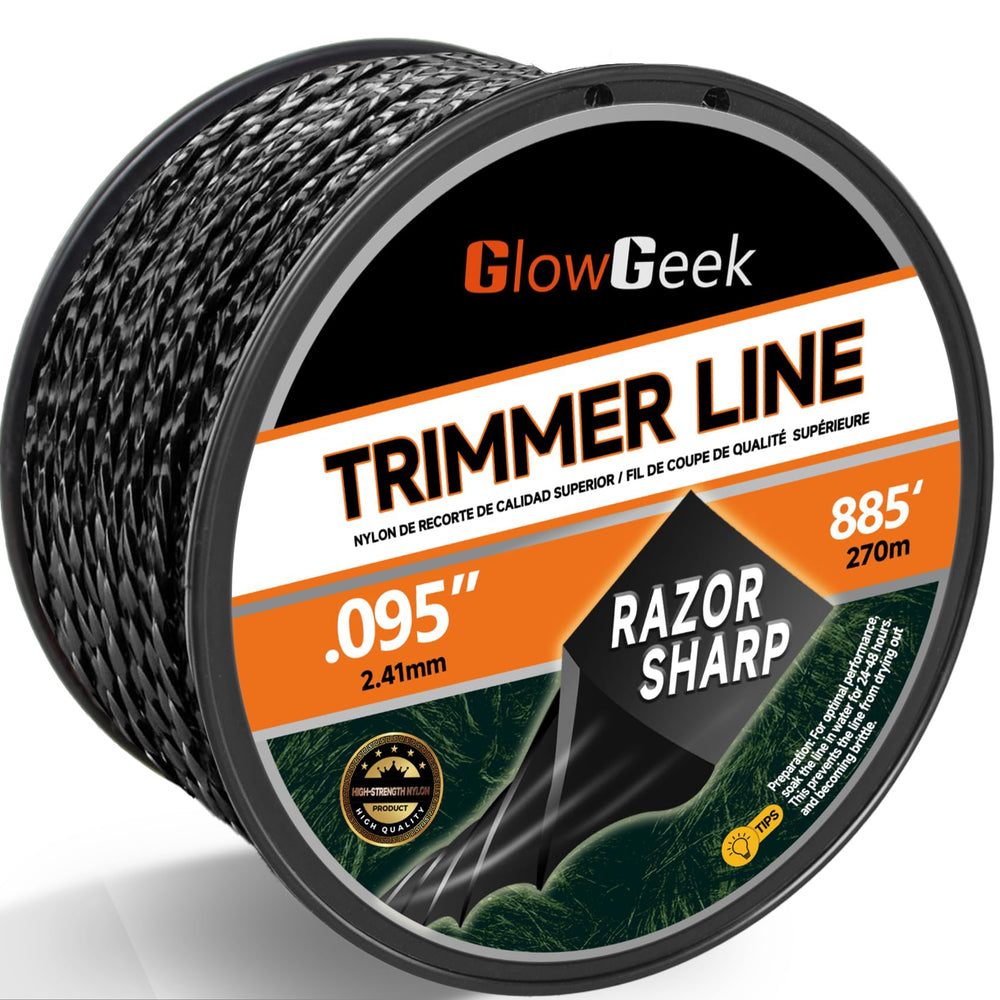 GlowGeek front packaging of 0.095 inch diamond trimmer line shows large 885 ft spool benefit