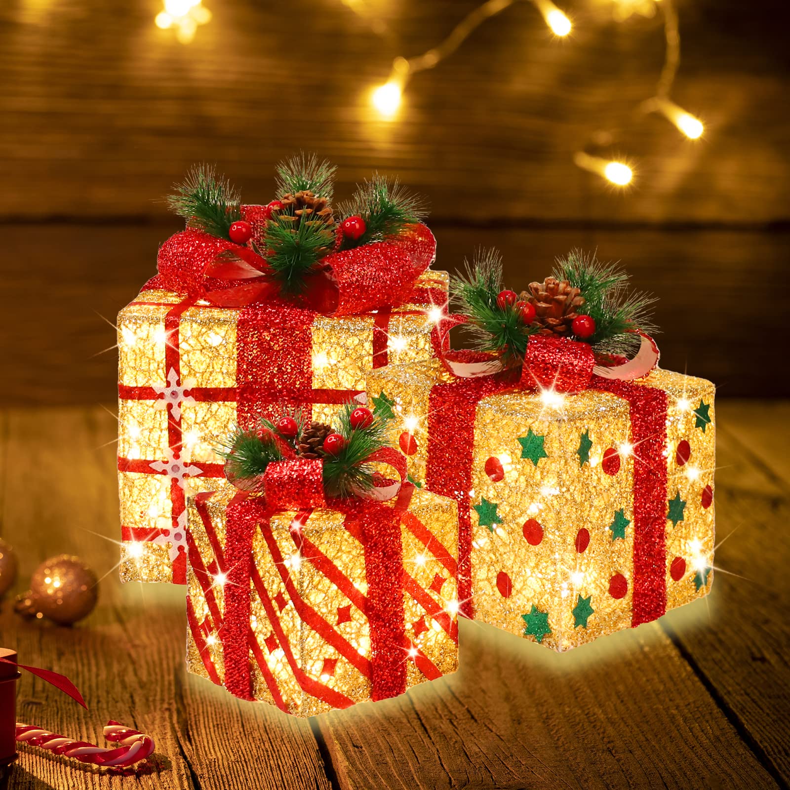 GLOWNOVA three gift boxes front view showing warm white lights and festive bows, adds cozy ambiance