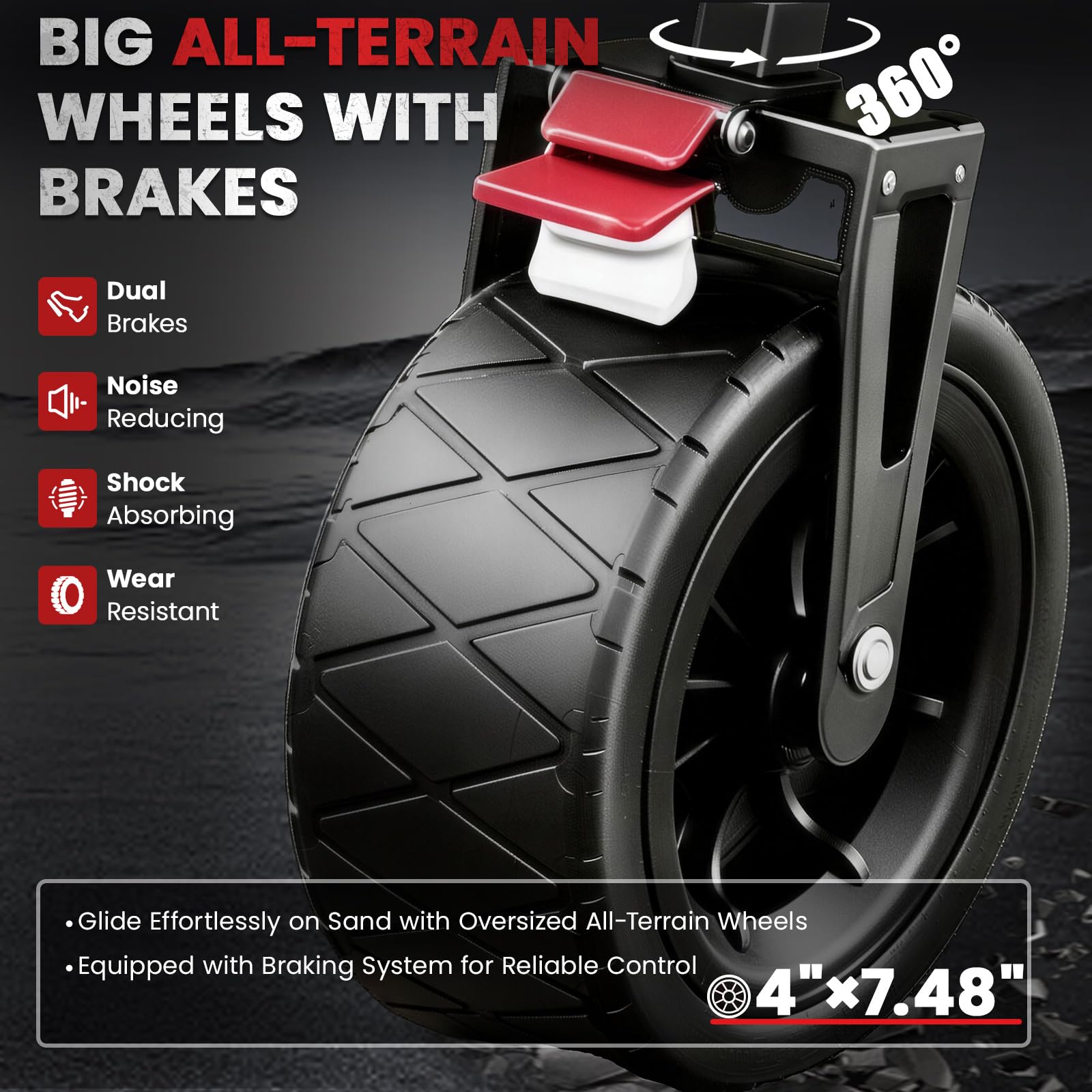 GloworPath close-up of 7.48 inch wheel tread and brake for improved traction