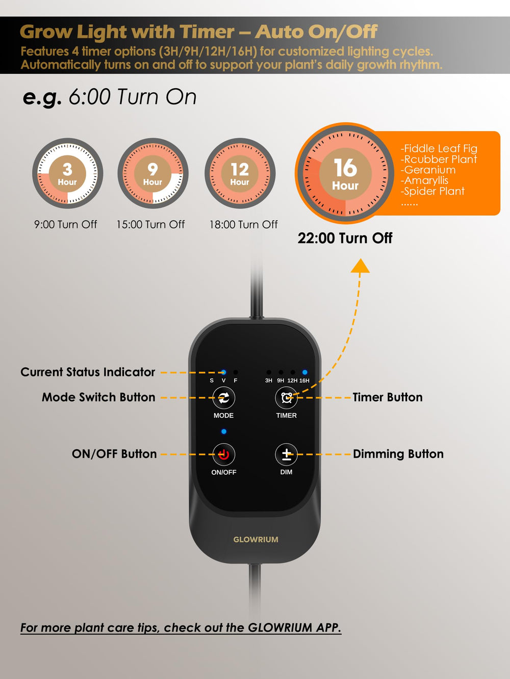 GLOWRIUM control panel with dimmer and timer for precise scheduling
