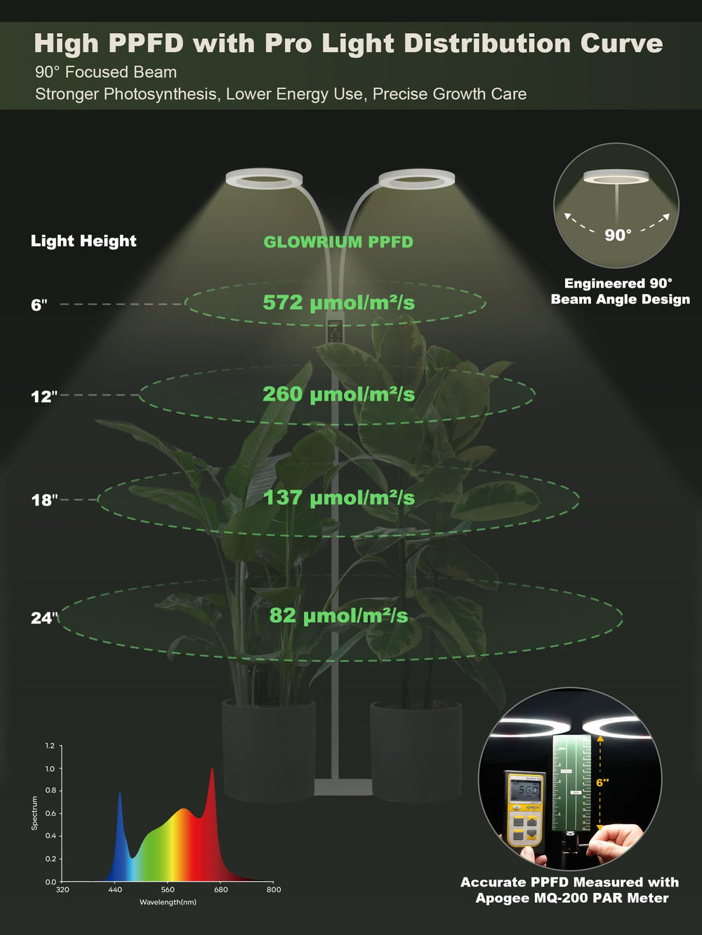 GLOWRIUM extended height with fiddle leaf fig showing stability benefit tall plant coverage