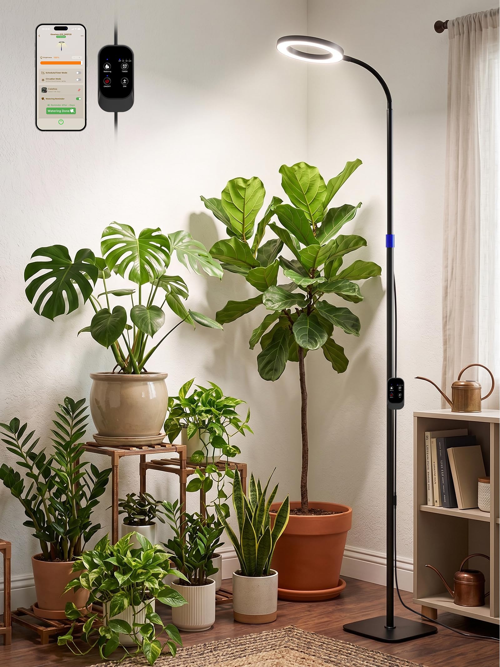 GLOWRIUM front view floor lamp showing stable base and tall reach for safer growth