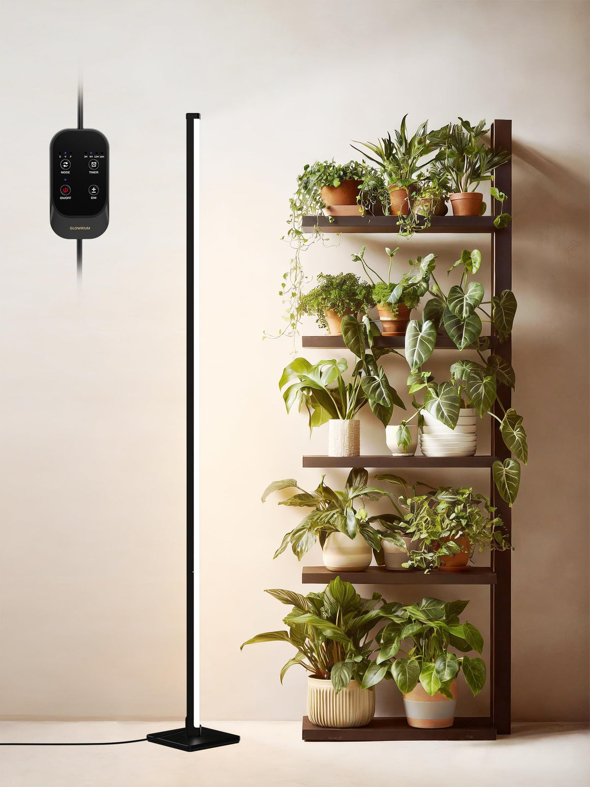 GLOWRIUM front view of vertical standing grow light showing full coverage benefit