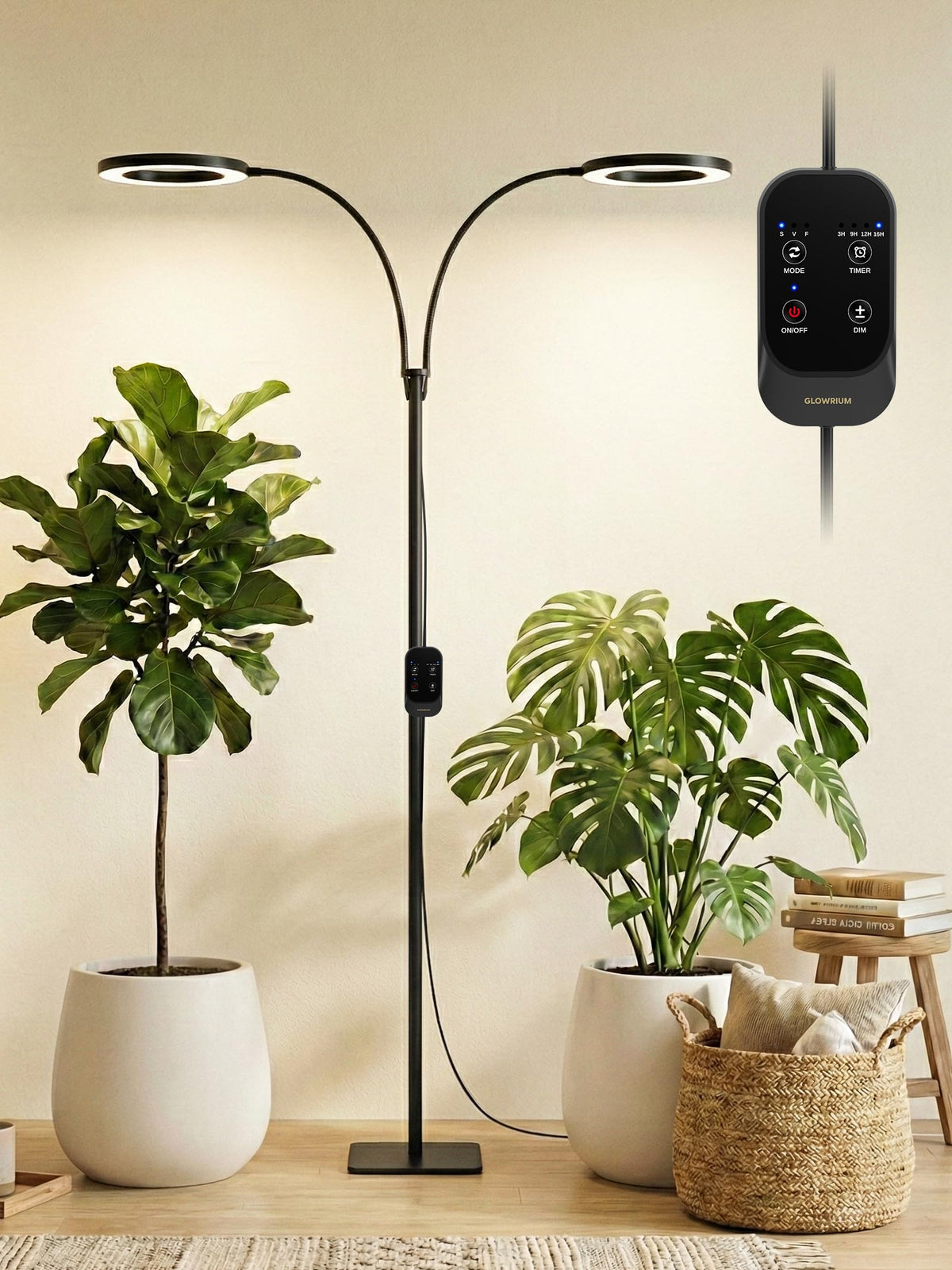 GLOWRIUM front view of dual-head grow light showing wide plant coverage