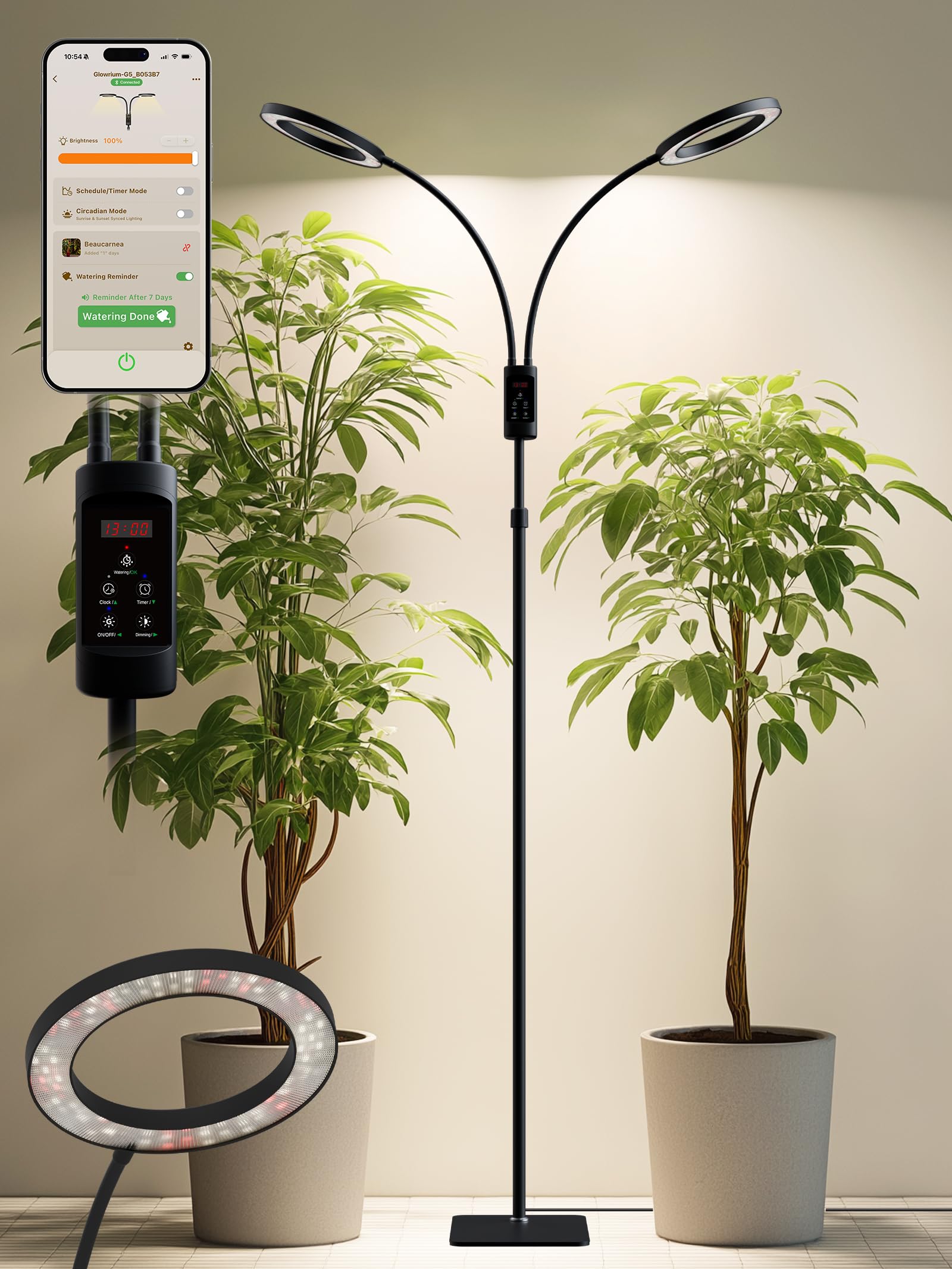 GLOWRIUM front view floor grow light showing full setup and plant coverage benefit