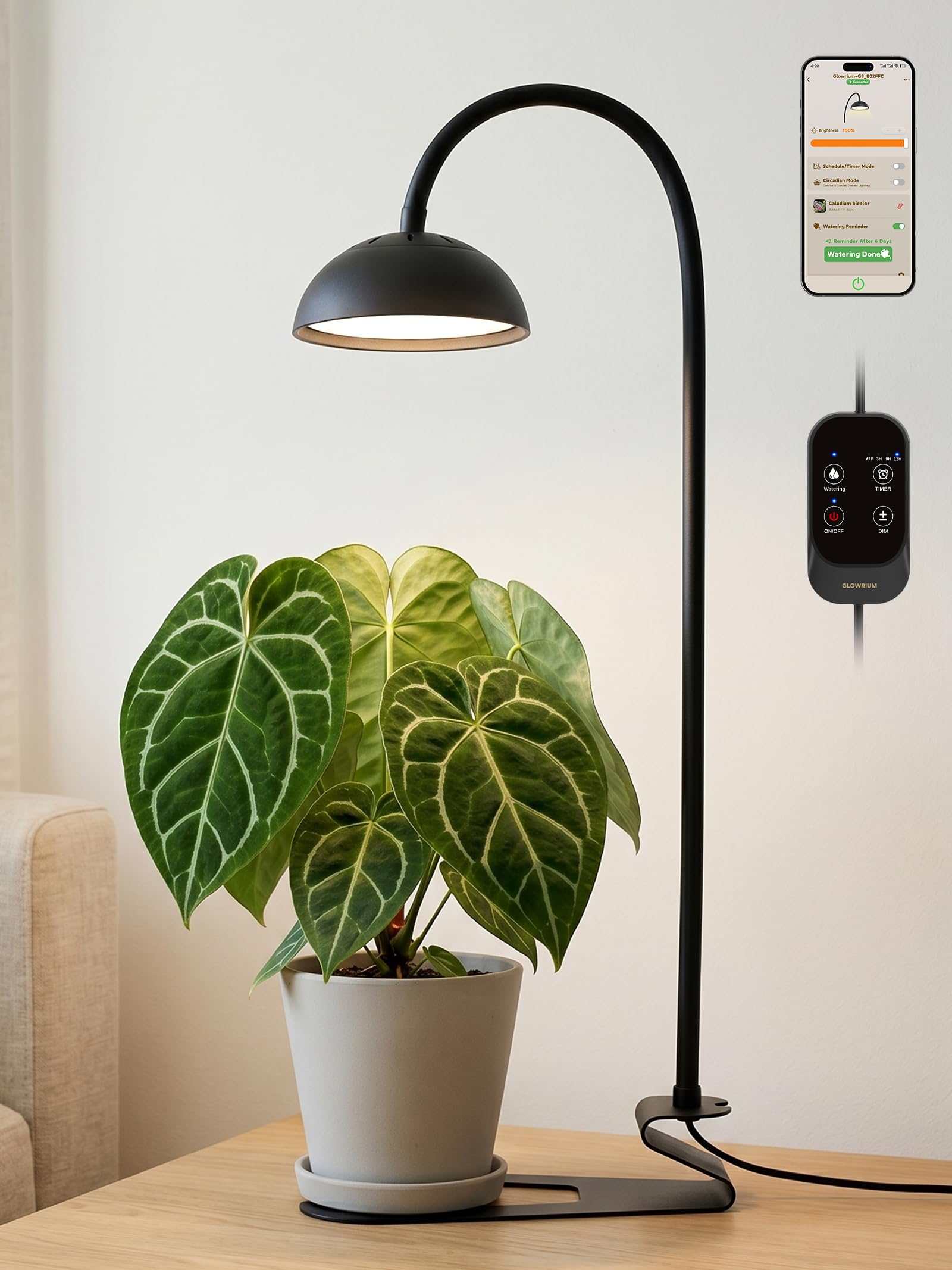 GLOWRIUM front view lamp showing compact full-spectrum design for efficient indoor growing