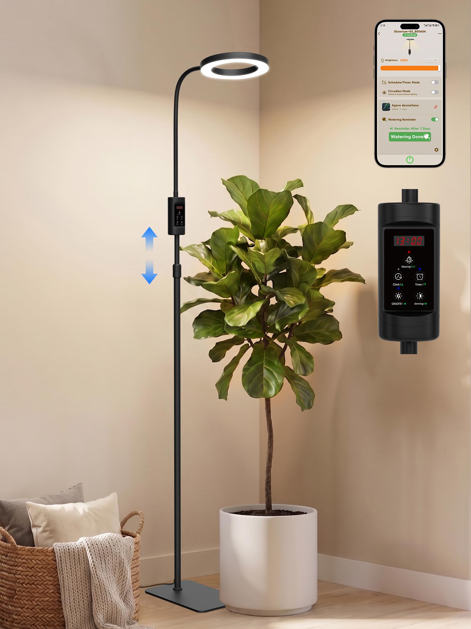GLOWRIUM front view lamp showing sleek pole and LED head, clear benefit: tidy plant lighting