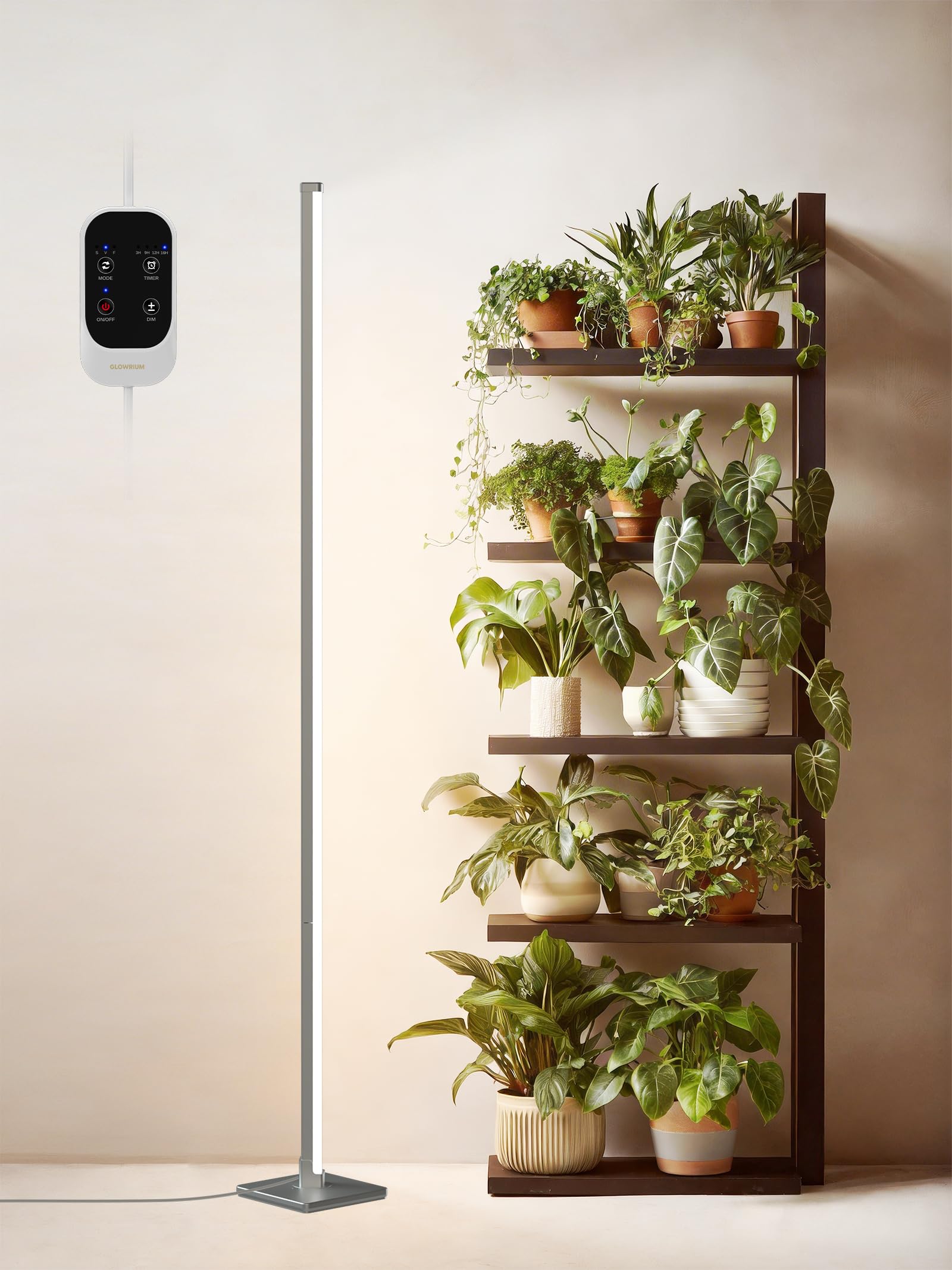 GLOWRIUM front view of standing grow light showing full vertical coverage and bright foliage benefit