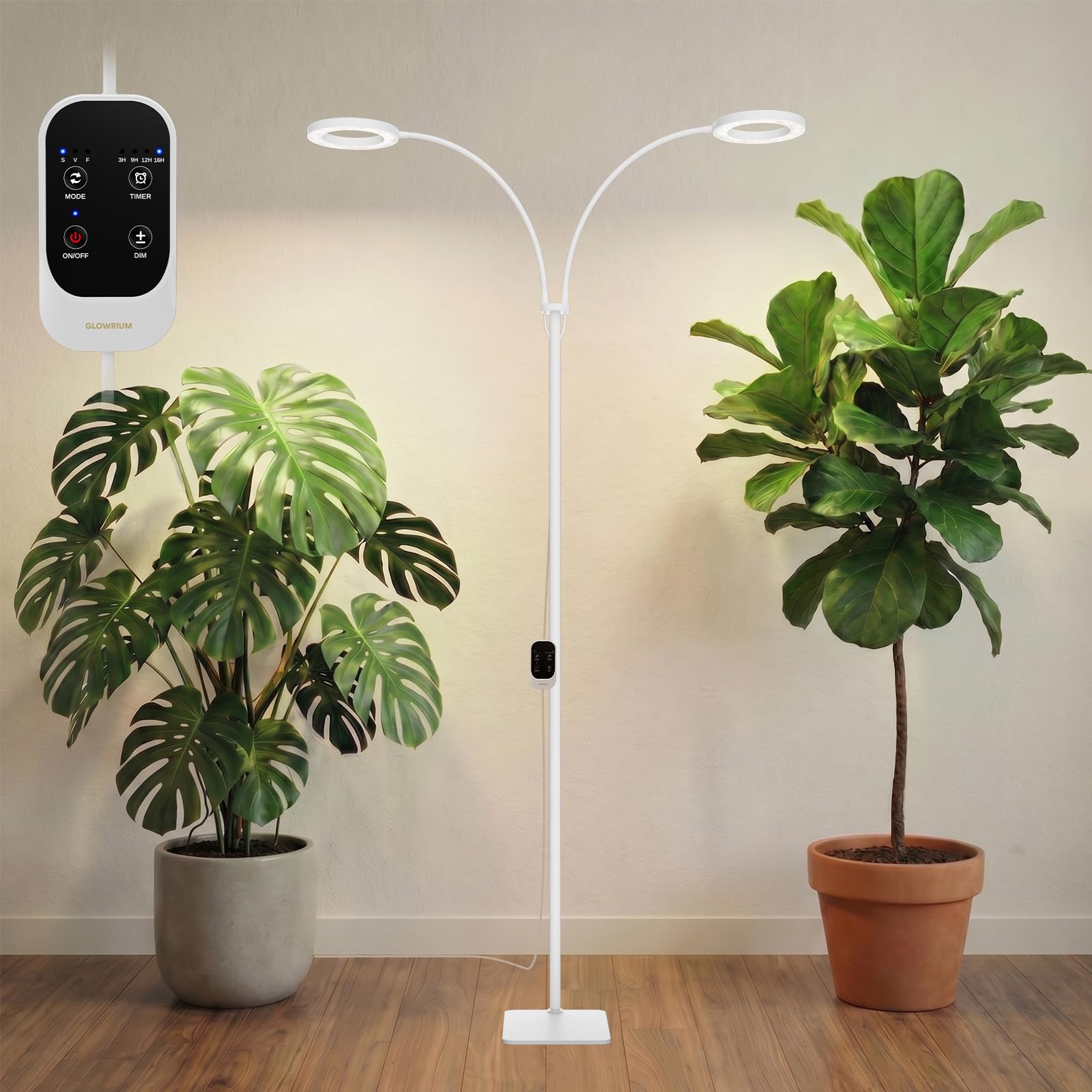 GLOWRIUM front view with stand showing stable setup and full-spectrum benefit