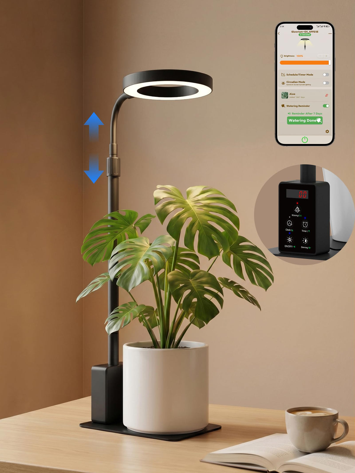 GLOWRIUM front view showing compact lamp and space-saving base benefit