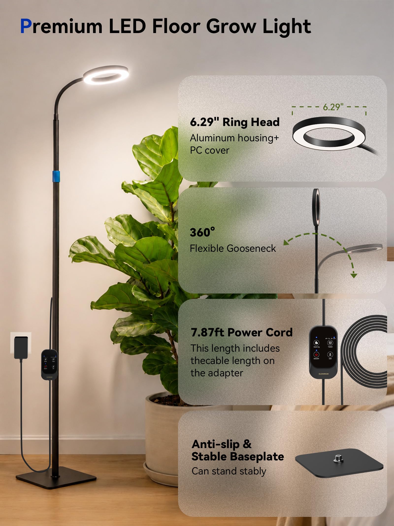 GLOWRIUM flexible gooseneck adjusted to direct light precisely onto foliage