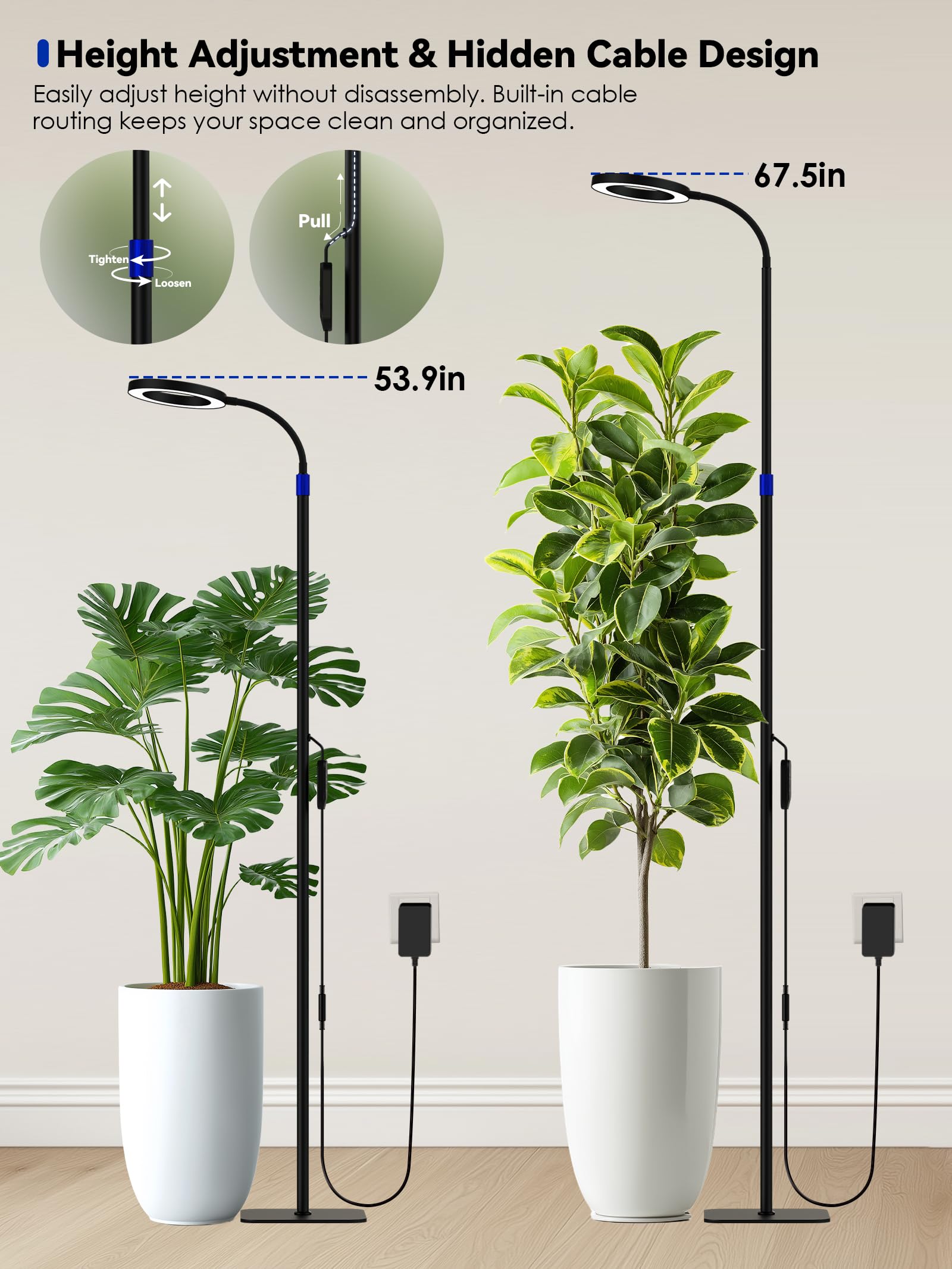 GLOWRIUM flexible gooseneck angled over pots for targeted foliage coverage