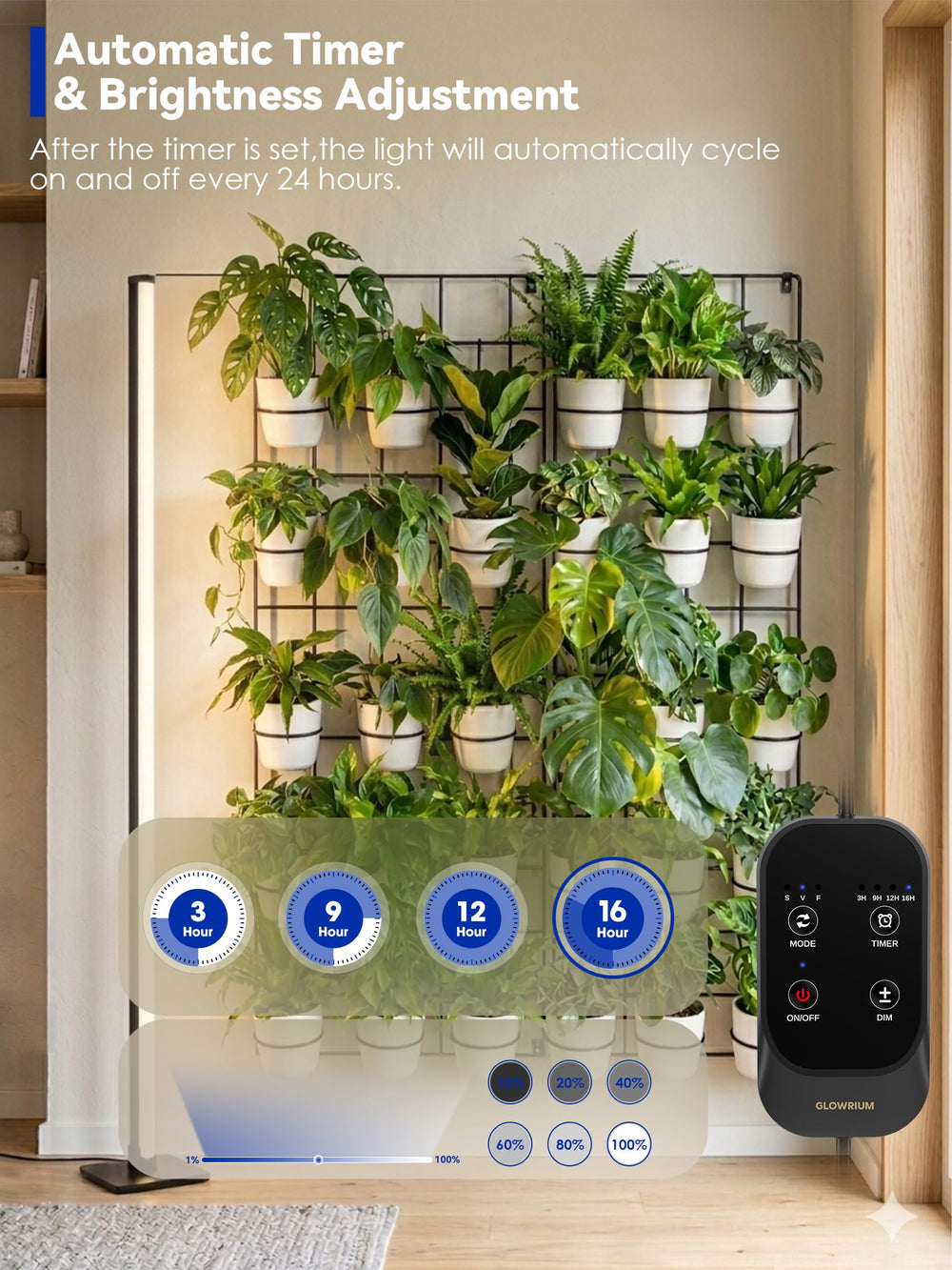 GLOWRIUM height adjustment displayed with measuring scale for versatile plant sizes