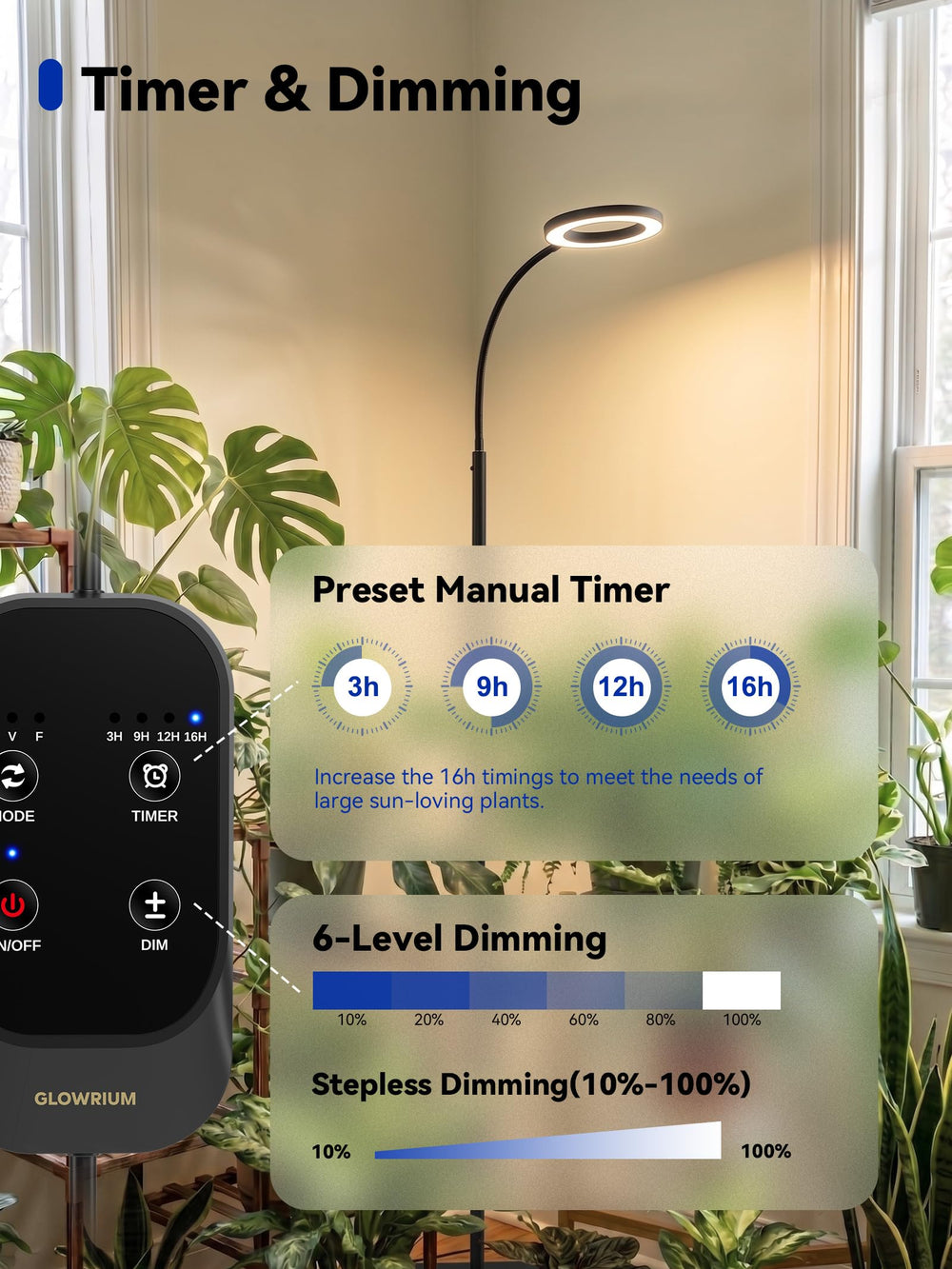GLOWRIUM in a living room over potted plants showing decorative and functional benefit