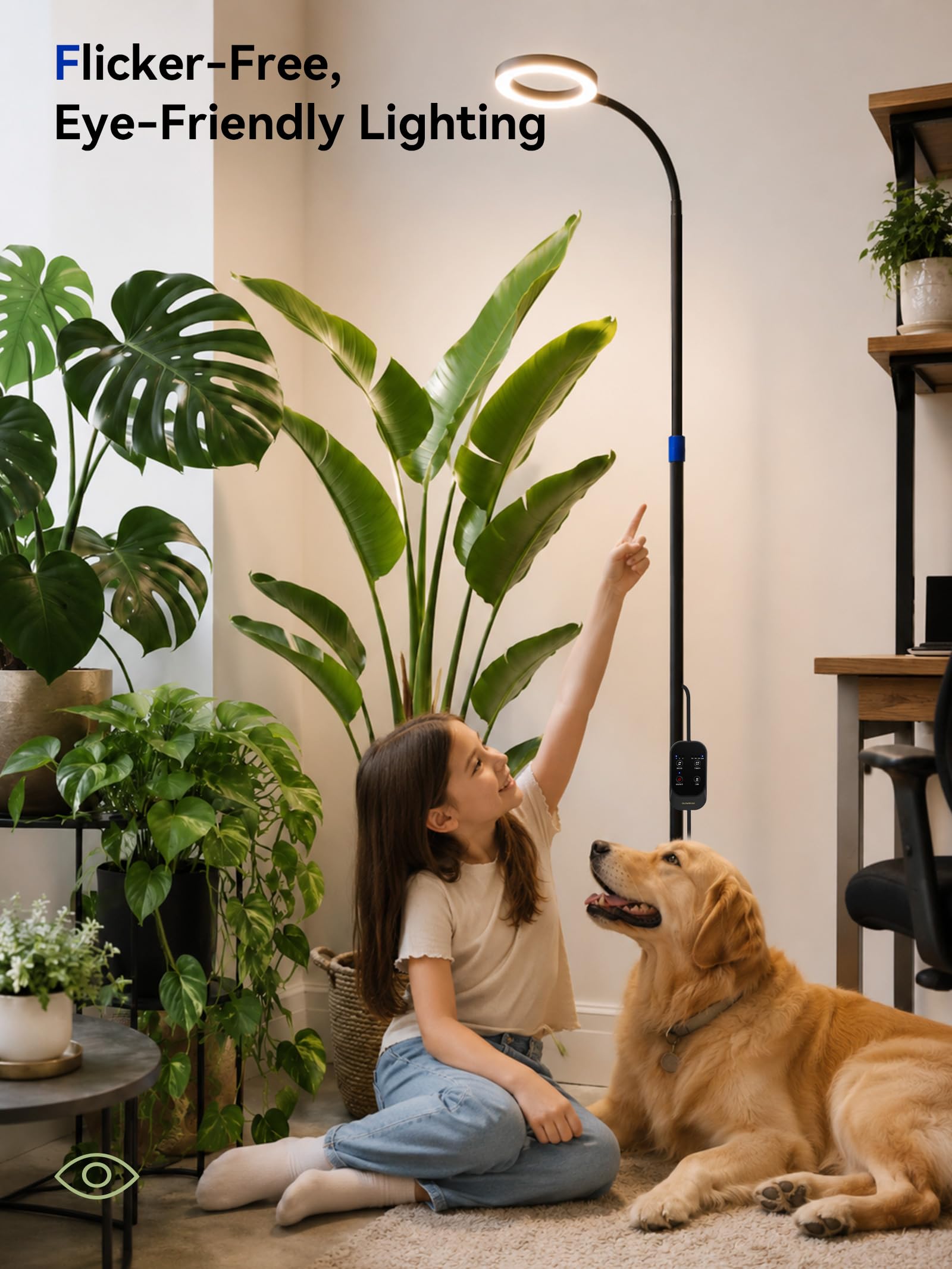 GLOWRIUM lamp next to potted Monstera showing size and coverage for leaves