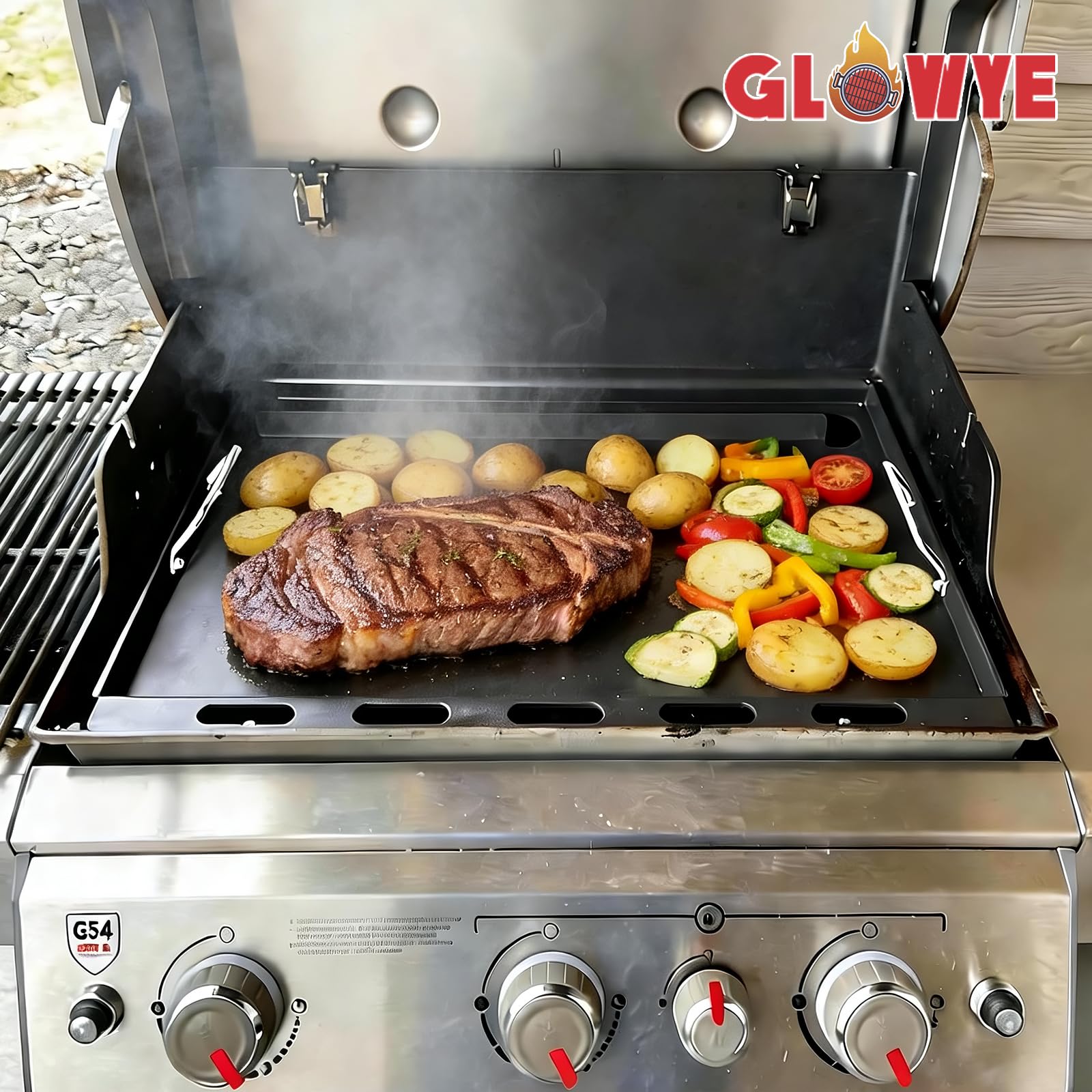 GLOWYE cooking pancakes and bacon highlighting versatile flat-top use