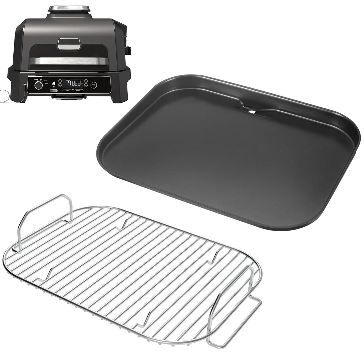 GLOWYE front view of griddle and rack showing full cooking surface and fit