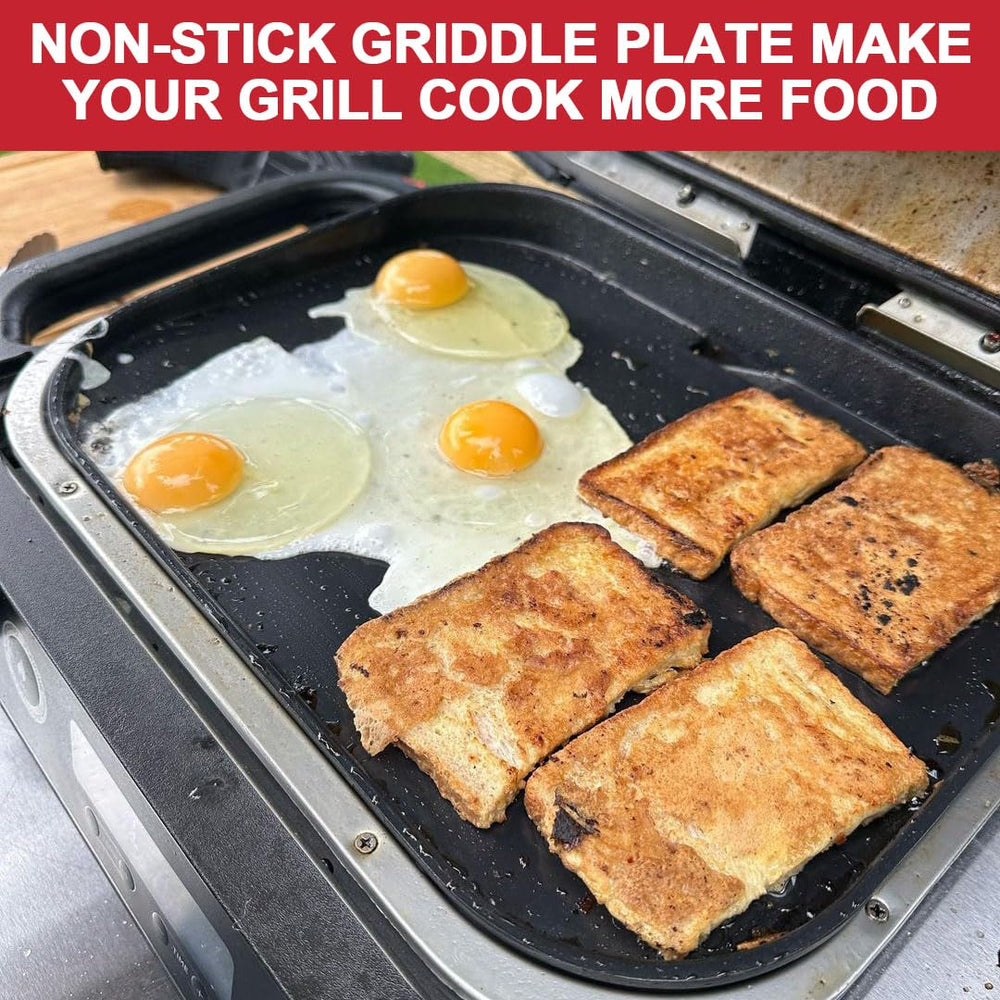 GLOWYE griddle cooking eggs and pancakes showing even browning and multitask cooking