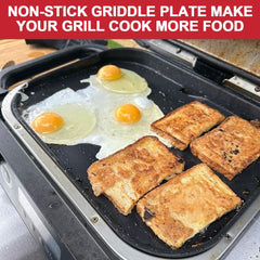 GLOWYE griddle cooking eggs and pancakes showing even browning and multitask cooking
