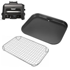 GLOWYE griddle front view showing full flat cooking surface and fit for Woodfire grills