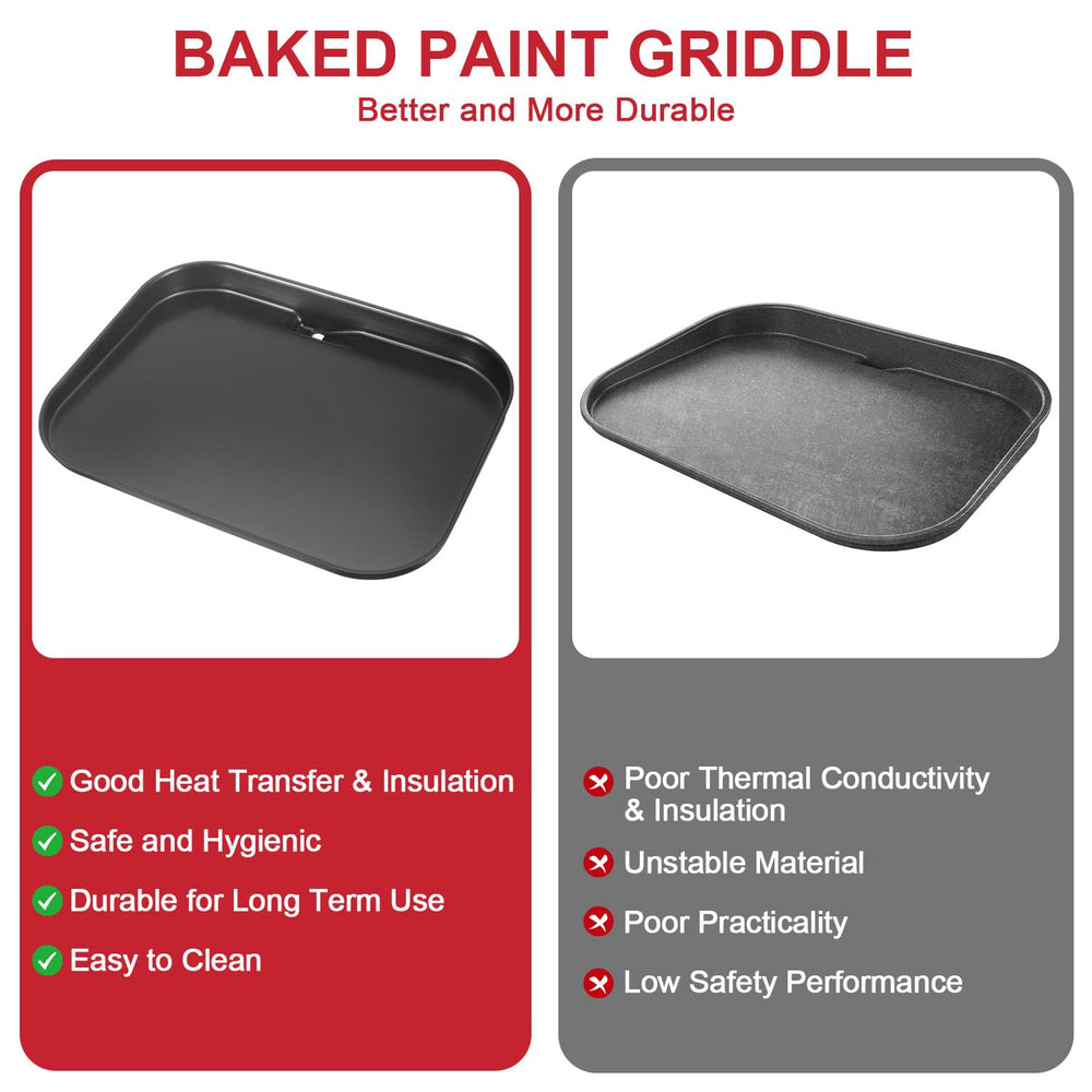 GLOWYE griddle next to utensils showing 15x11 inch scale and ample cooking area