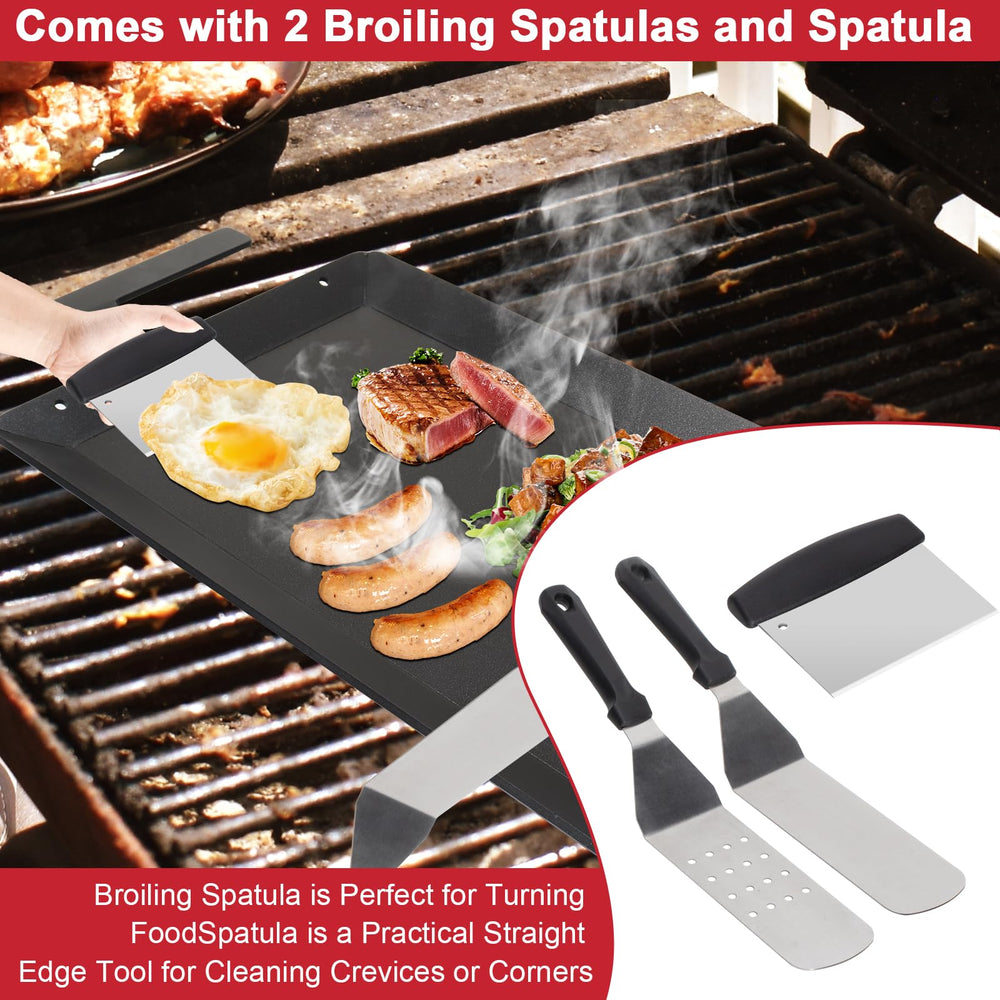 GLOWYE griddle on gas grill cooking steak for even sear and high heat benefit