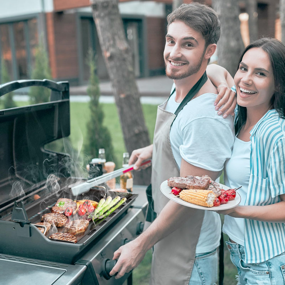 GLOWYE griddle beside ruler showing exact fit and compatibility with Weber Spirit