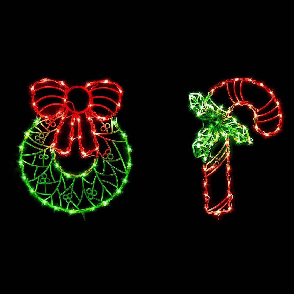 GMFINE wreath and candy cane front view showing festive glow and instant curb appeal