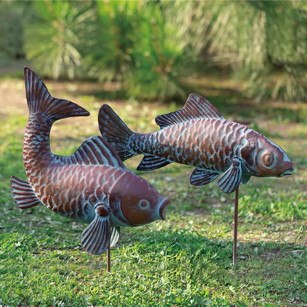 G/N pair front view showing two antique copper koi for elegant garden focal