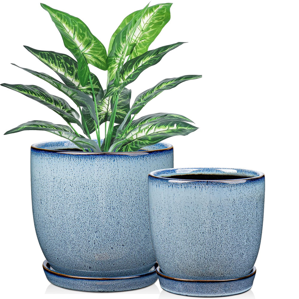 GnFlus blue planter set front view showing matching saucers and clean finish, enhances decor