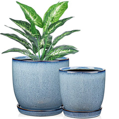 GnFlus blue planter set front view showing matching saucers and clean finish, enhances decor