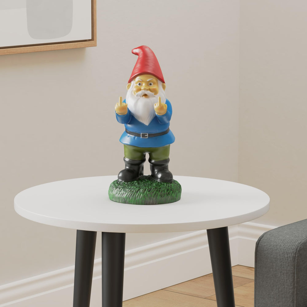 Gnometastic close-up of gnome hand showing clear double-bird gesture and detail